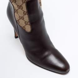 Pre Owned Gucci Brown Leather And GG Canvas Midcalf Boots Size 38.5