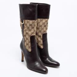 Pre Owned Gucci Brown Leather And GG Canvas Midcalf Boots Size 38.5