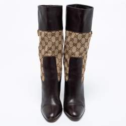 Pre Owned Gucci Brown Leather And GG Canvas Midcalf Boots Size 38.5