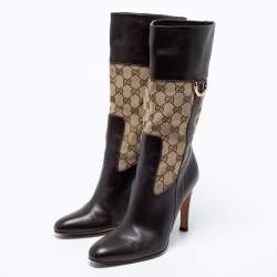 Pre Owned Gucci Brown Leather And GG Canvas Midcalf Boots Size 38.5