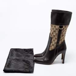 Pre Owned Gucci Brown Leather And GG Canvas Midcalf Boots Size 38.5