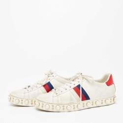 Pre Owned Gucci White Leather Pearl Studded Ace Low Top Sneakers Size 38