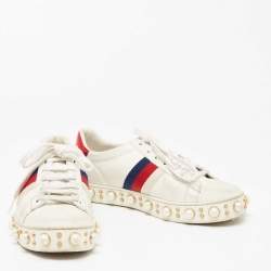 Pre Owned Gucci White Leather Pearl Studded Ace Low Top Sneakers Size 38