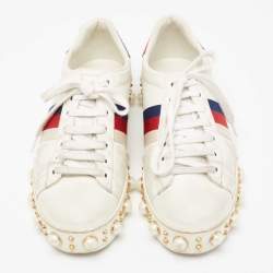 Pre Owned Gucci White Leather Pearl Studded Ace Low Top Sneakers Size 38