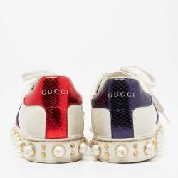 Pre Owned Gucci White Leather Pearl Studded Ace Low Top Sneakers Size 38