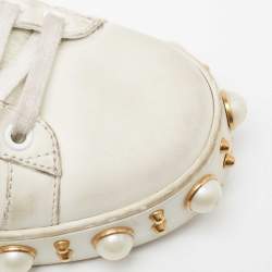 Pre Owned Gucci White Leather Pearl Studded Ace Low Top Sneakers Size 38