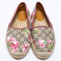 Pre Owned Gucci Beige/Pink GG Supreme Canvas And Leather Blooms Espadrille Flats Size 38