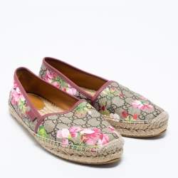 Pre Owned Gucci Beige/Pink GG Supreme Canvas And Leather Blooms Espadrille Flats Size 38
