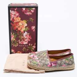 Pre Owned Gucci Beige/Pink GG Supreme Canvas And Leather Blooms Espadrille Flats Size 38