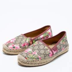 Pre Owned Gucci Beige/Pink GG Supreme Canvas And Leather Blooms Espadrille Flats Size 38