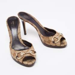 مملوكة مسبقًا Gucci Beige/Brown GG Canvas Horsebit Slide Sandals Size 39