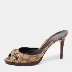 مملوكة مسبقًا Gucci Beige/Brown GG Canvas Horsebit Slide Sandals Size 39