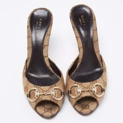 مملوكة مسبقًا Gucci Beige/Brown GG Canvas Horsebit Slide Sandals Size 39