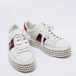 Pre Owned حذاء رياضي غوتشي ايس جلد أبيض مرصع كريستال رباط مقاس 36