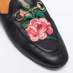 Pre Owned Gucci Black Floral Embroidered Leather Princetown Horsebit Flat Mules Size 39
