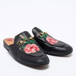 Pre Owned Gucci Black Floral Embroidered Leather Princetown Horsebit Flat Mules Size 39
