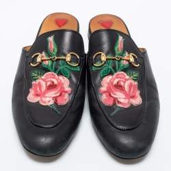 Pre Owned Gucci Black Floral Embroidered Leather Princetown Horsebit Flat Mules Size 39