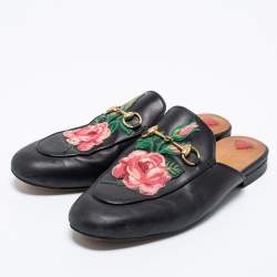 Pre Owned Gucci Black Floral Embroidered Leather Princetown Horsebit Flat Mules Size 39