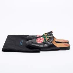 Pre Owned Gucci Black Floral Embroidered Leather Princetown Horsebit Flat Mules Size 39