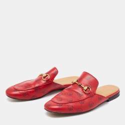 Pre Owned Gucci Red GG Ghost Print Leather Princetown Horsebit Flat Mules Size 38