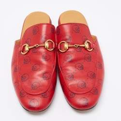 Pre Owned Gucci Red GG Ghost Print Leather Princetown Horsebit Flat Mules Size 38