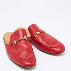 Pre Owned Gucci Red GG Ghost Print Leather Princetown Horsebit Flat Mules Size 38