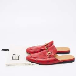 Pre Owned Gucci Red GG Ghost Print Leather Princetown Horsebit Flat Mules Size 38