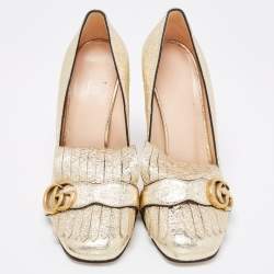 مملوكة مسبقًا Gucci Gold Crinkled Leather GG Marmont Fringed Block Heel Pumps Size 40