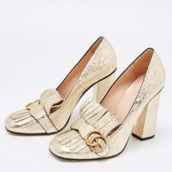 مملوكة مسبقًا Gucci Gold Crinkled Leather GG Marmont Fringed Block Heel Pumps Size 40