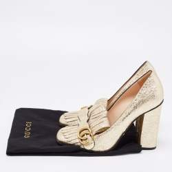 مملوكة مسبقًا Gucci Gold Crinkled Leather GG Marmont Fringed Block Heel Pumps Size 40