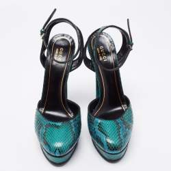 Gucci Green/Black Snakeskin Huston Ankle Strap Platform Sandals Size 38.5
