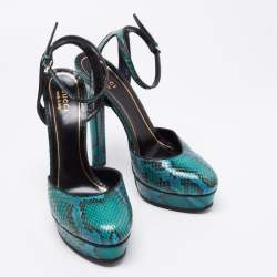 Gucci Green/Black Snakeskin Huston Ankle Strap Platform Sandals Size 38.5