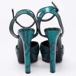 Gucci Green/Black Snakeskin Huston Ankle Strap Platform Sandals Size 38.5
