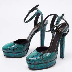 Gucci Green/Black Snakeskin Huston Ankle Strap Platform Sandals Size 38.5
