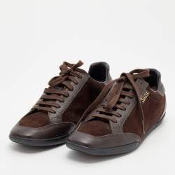 مملوكة مسبقًا حذاء رياضي غوتشي جلد وسويدي بني داكن عنق منخفض مقاس 36