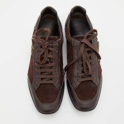 مملوكة مسبقًا حذاء رياضي غوتشي جلد وسويدي بني داكن عنق منخفض مقاس 36