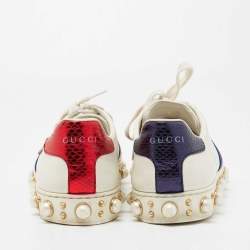 Gucci White Leather And Python Embossed New Ace Pearl Embellished Low Top Sneakers Size 38.5