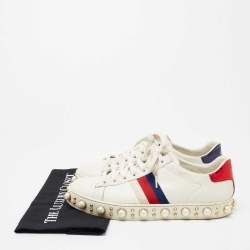 Gucci White Leather And Python Embossed New Ace Pearl Embellished Low Top Sneakers Size 38.5