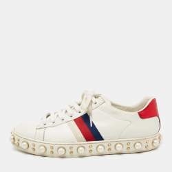 Gucci White Leather And Python Embossed New Ace Pearl Embellished Low Top Sneakers Size 38.5