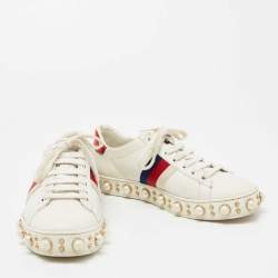 Gucci White Leather And Python Embossed New Ace Pearl Embellished Low Top Sneakers Size 38.5
