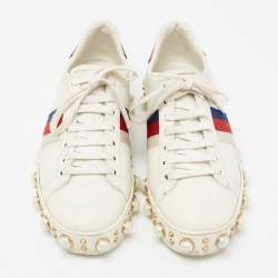 Gucci White Leather And Python Embossed New Ace Pearl Embellished Low Top Sneakers Size 38.5