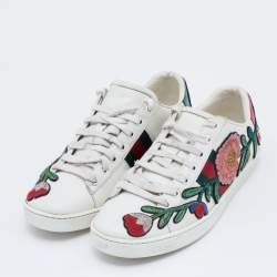 Pre Owned حذاء رياضي غوتشي ايس جلد أبيض مطرز مورد عنق منخفض مقاس 37.5