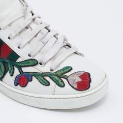 Pre Owned حذاء رياضي غوتشي ايس جلد أبيض مطرز مورد عنق منخفض مقاس 37.5