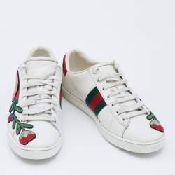 Pre Owned حذاء رياضي غوتشي ايس جلد أبيض مطرز مورد عنق منخفض مقاس 37.5