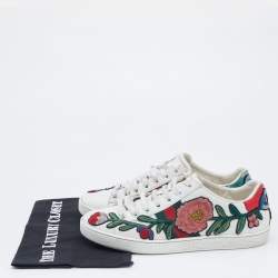 Pre Owned حذاء رياضي غوتشي ايس جلد أبيض مطرز مورد عنق منخفض مقاس 37.5