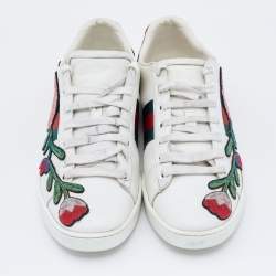 Pre Owned حذاء رياضي غوتشي ايس جلد أبيض مطرز مورد عنق منخفض مقاس 37.5