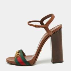 مملوكة مسبقًا Gucci Brown Leather Horsebit Web Detail Block Heel Ankle Strap Sandals Size 39