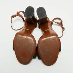 مملوكة مسبقًا Gucci Brown Leather Horsebit Web Detail Block Heel Ankle Strap Sandals Size 39