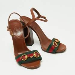 مملوكة مسبقًا Gucci Brown Leather Horsebit Web Detail Block Heel Ankle Strap Sandals Size 39