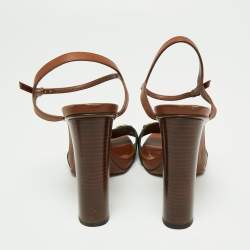 مملوكة مسبقًا Gucci Brown Leather Horsebit Web Detail Block Heel Ankle Strap Sandals Size 39